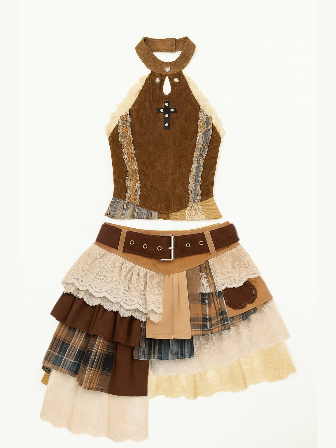 ’Autumn Reverie' Gothic Punk Lace Patchwork Corset Top & Pleated Skirt Set AlielNosirrah