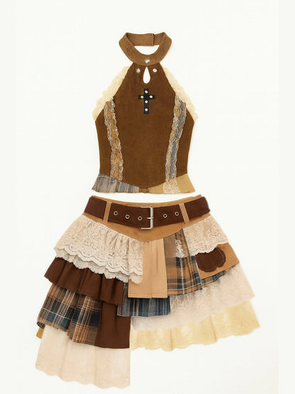 ’Autumn Reverie' Gothic Punk Lace Patchwork Corset Top & Pleated Skirt Set AlielNosirrah