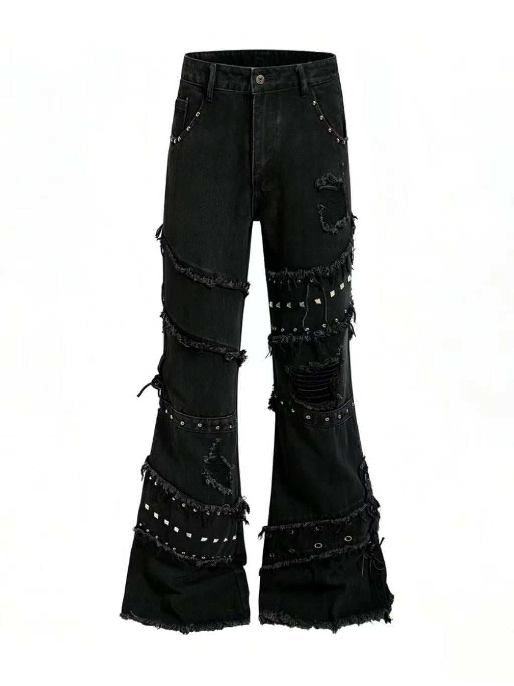 'OldSoul' Vintage Studded Distressed Frayed Flare Jeans