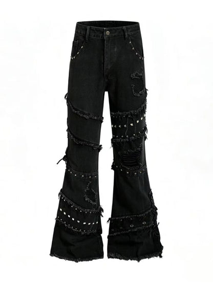 'OldSoul' Vintage Studded Distressed Frayed Flare Jeans
