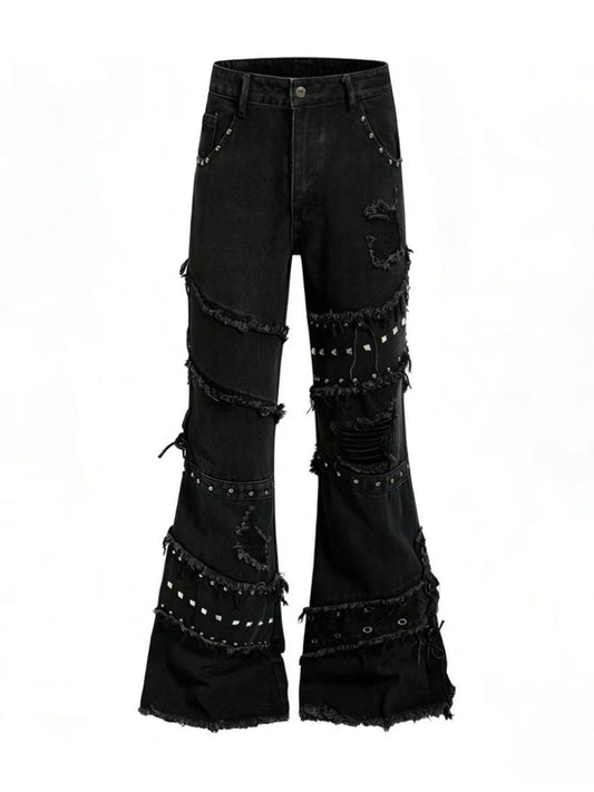 'OldSoul' Vintage Studded Distressed Frayed Flare Jeans