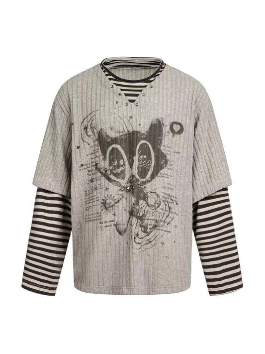 'Mochi Cat' Cat Print Striped Patchwork Long Sleeve Top AlielNosirrah
