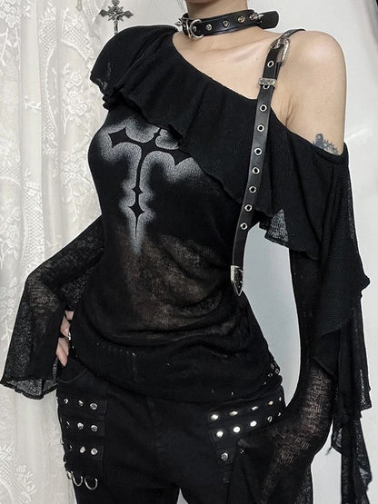 ’Dark Siren' Sheer Black Ruffle Drawstring Off-Shoulder Gothic Style Top AlielNosirrah
