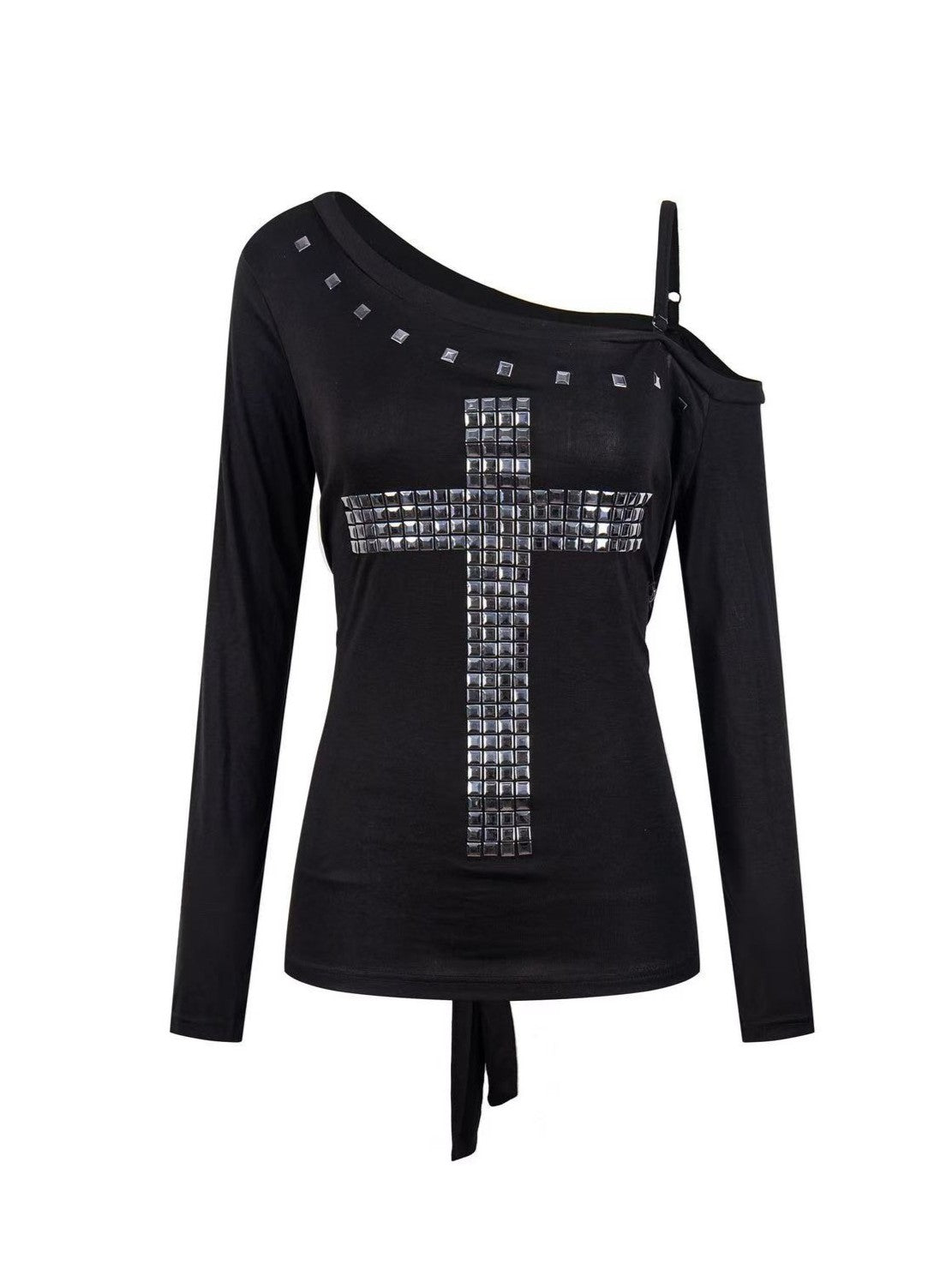 'CrossSlant' Cross Rivet Asymmetric Off Shoulder Long Sleeve