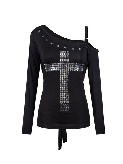 'CrossSlant' Cross Rivet Asymmetric Off Shoulder Long Sleeve