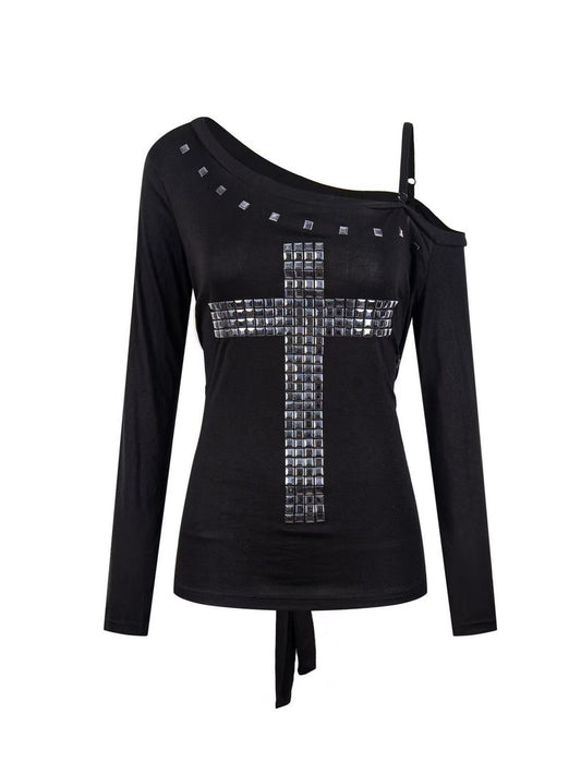 'CrossSlant' Cross Rivet Asymmetric Off Shoulder Long Sleeve