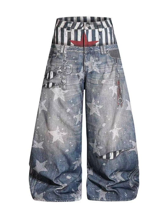 'Patchstar' Streetstyle Patchwork Graphic Wide-Leg Denim Jeans