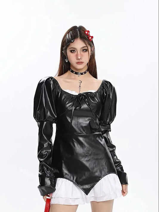 'Spell' Goth Patchwork Pu Leather Puff Sleeves Dress AlielNosirrah