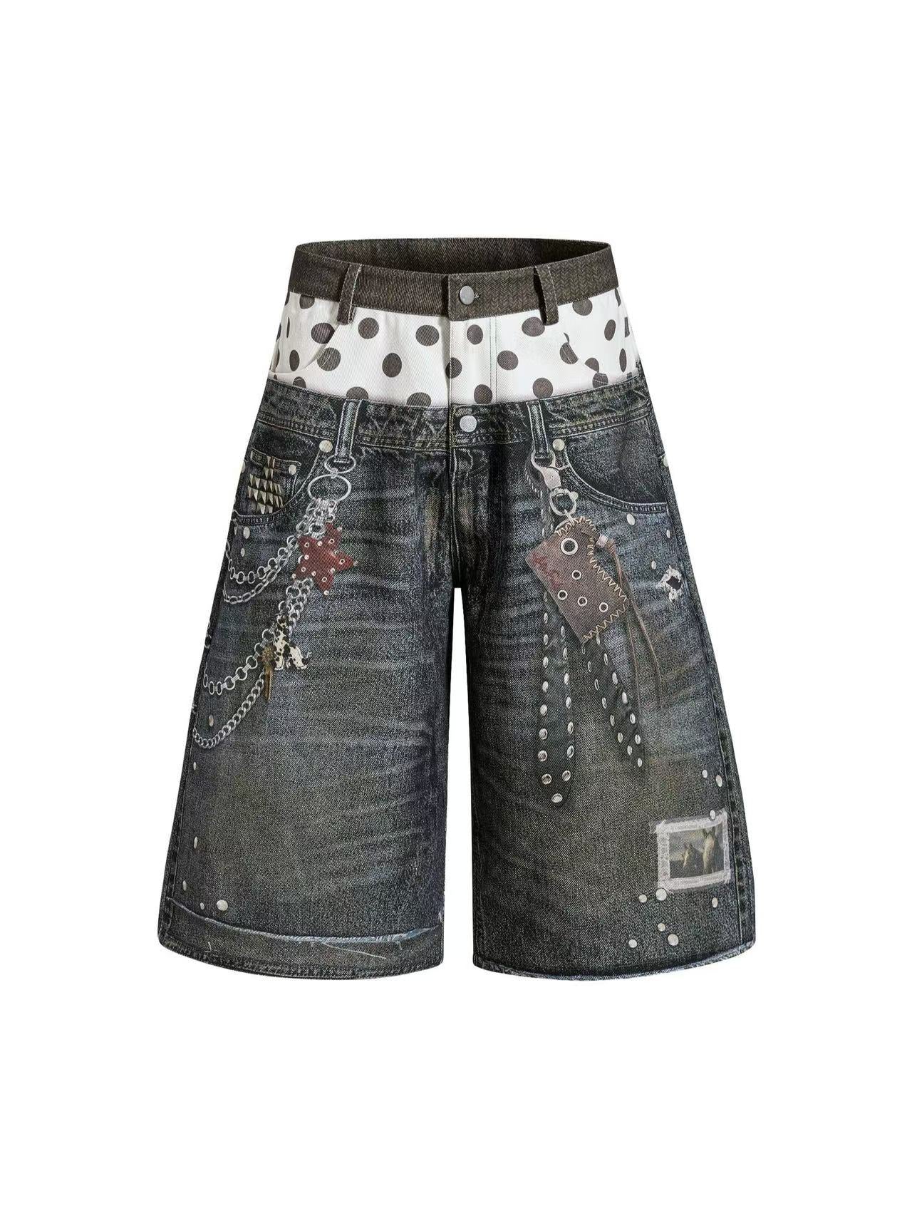 'Star Bloom' Vintage Washed Double Waist Graphic Capri Denim Pants AlielNosirrah