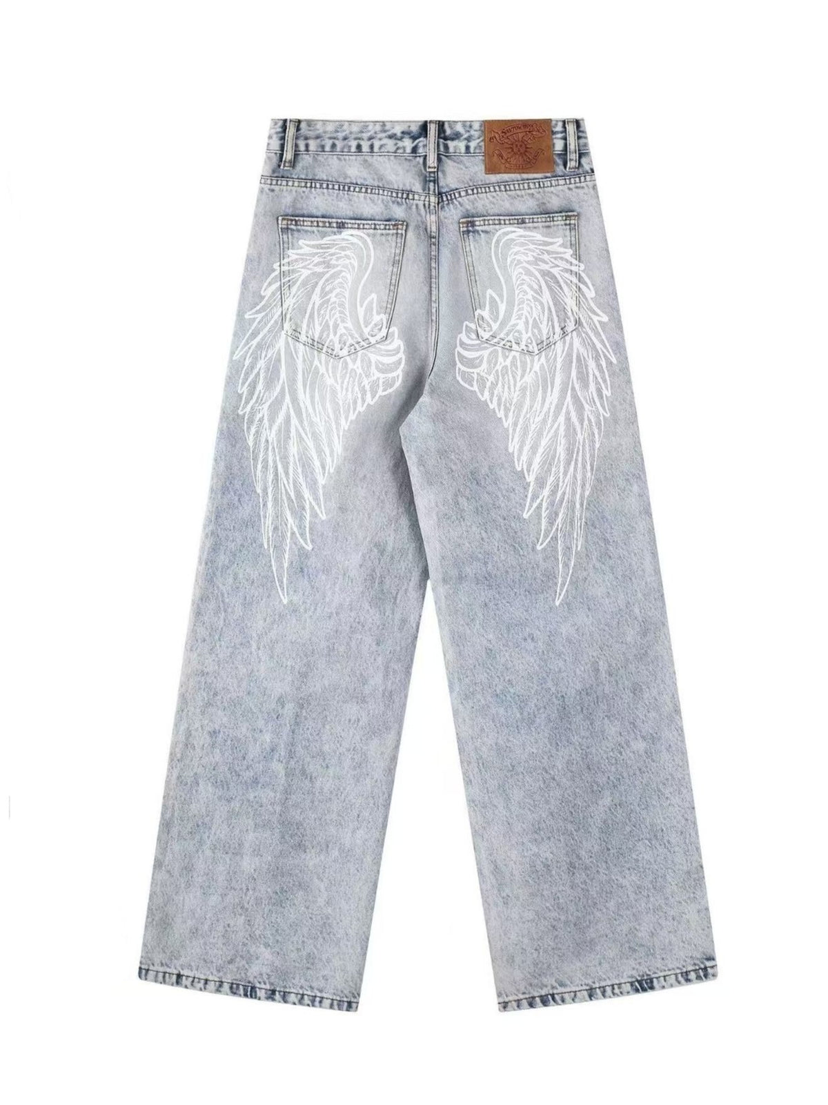 'Faded Wing' Retro Wing Graphic Print Gradient Washed Denim Pants