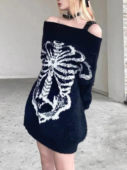 'Flower Bone' Dark Pattern Shoulder Off Oversized Sweater AlielNosirrah