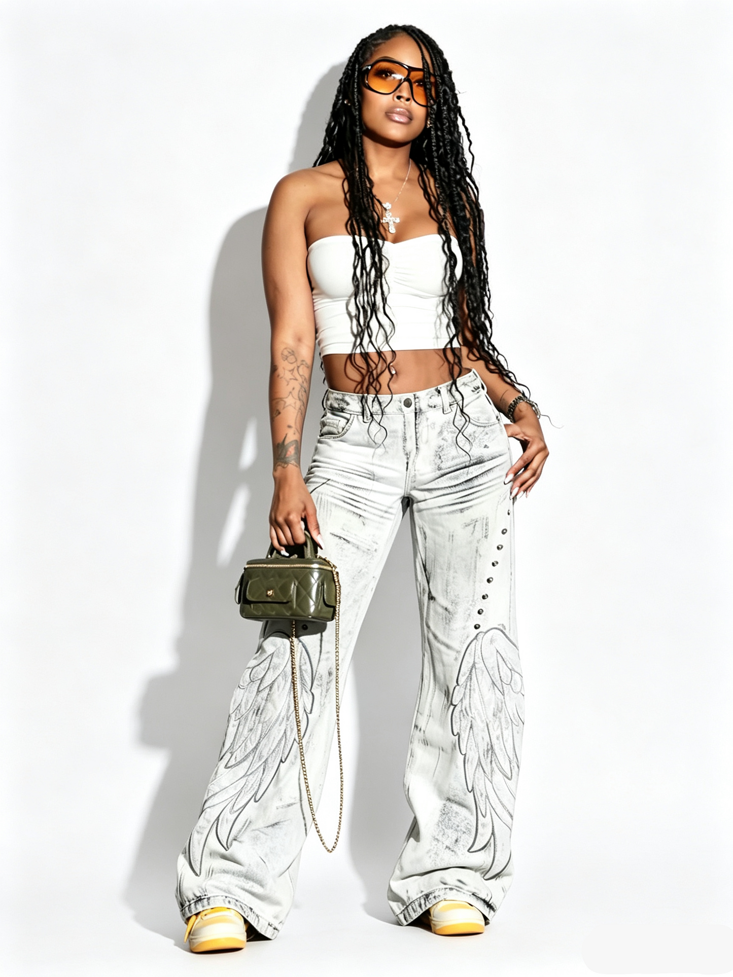 'Faded Wing' Punk Distressed Washed Wing Patch Embroidery Jeans