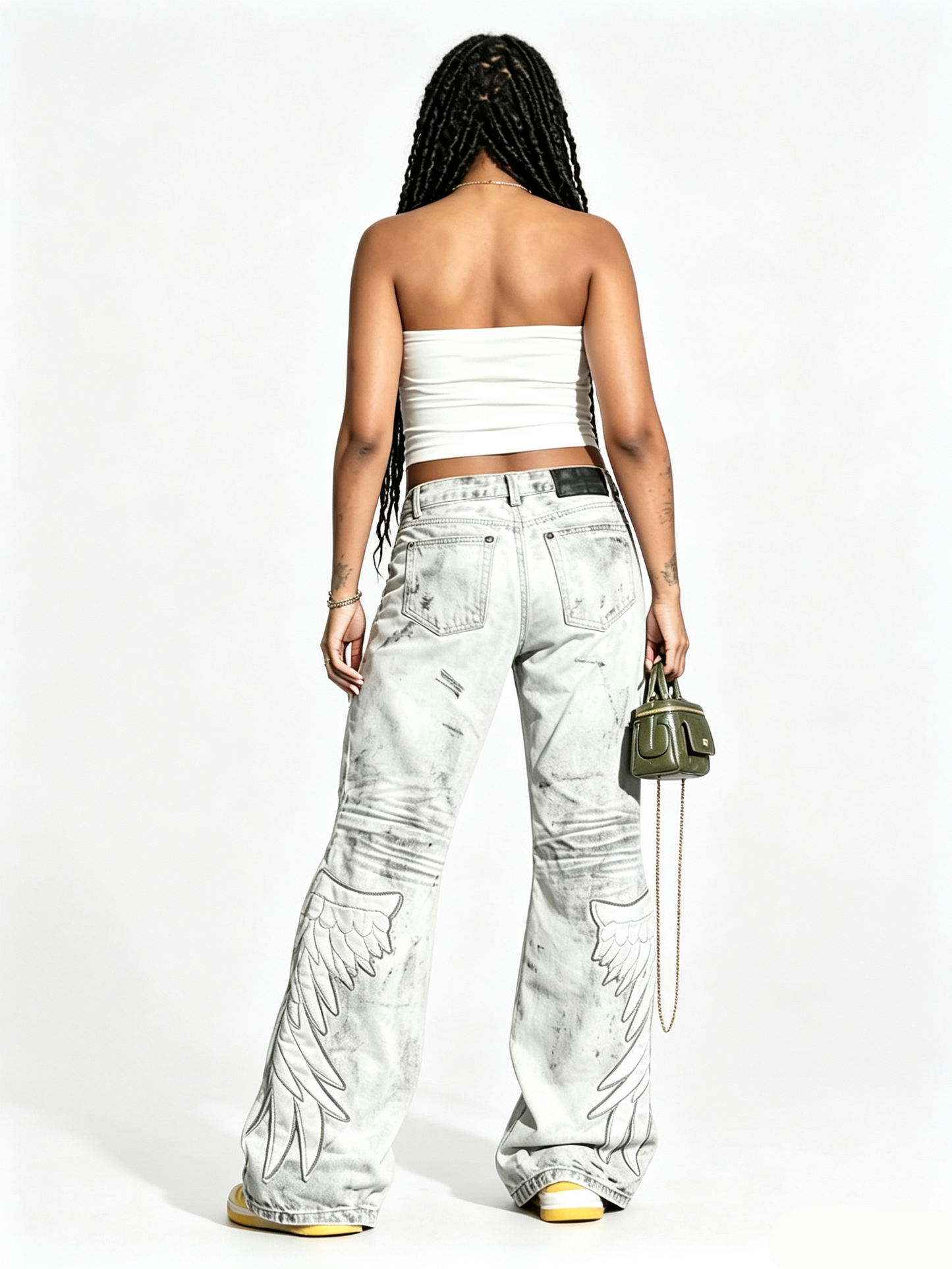 'Faded Wing' Punk Distressed Washed Wing Patch Embroidery Jeans