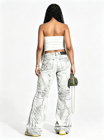'Faded Wing' Punk Distressed Washed Wing Patch Embroidery Jeans
