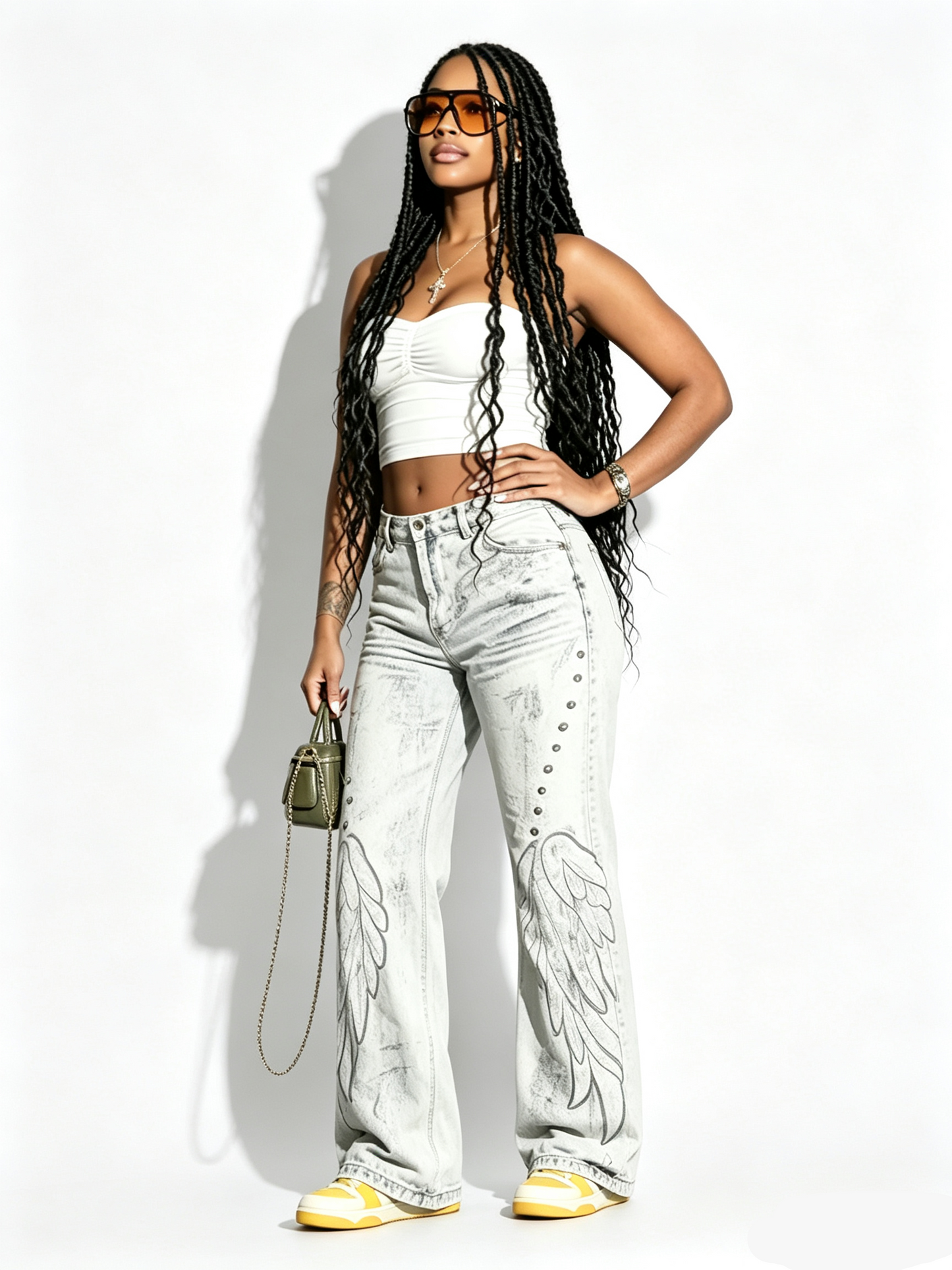'Faded Wing' Punk Distressed Washed Wing Patch Embroidery Jeans
