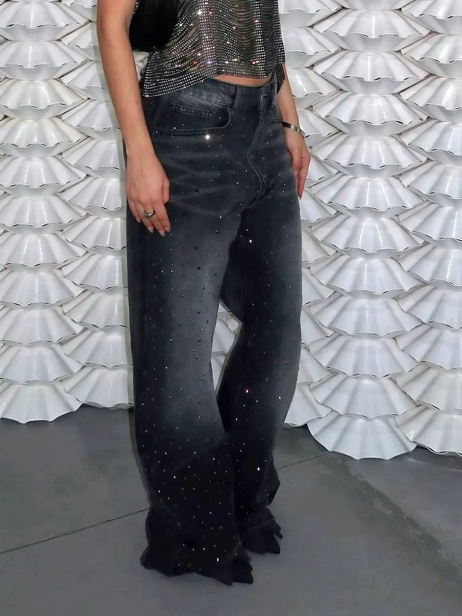 'Diamond Glaze' Shinning Rhinestone Oversized Denim Pants AlielNosirrah