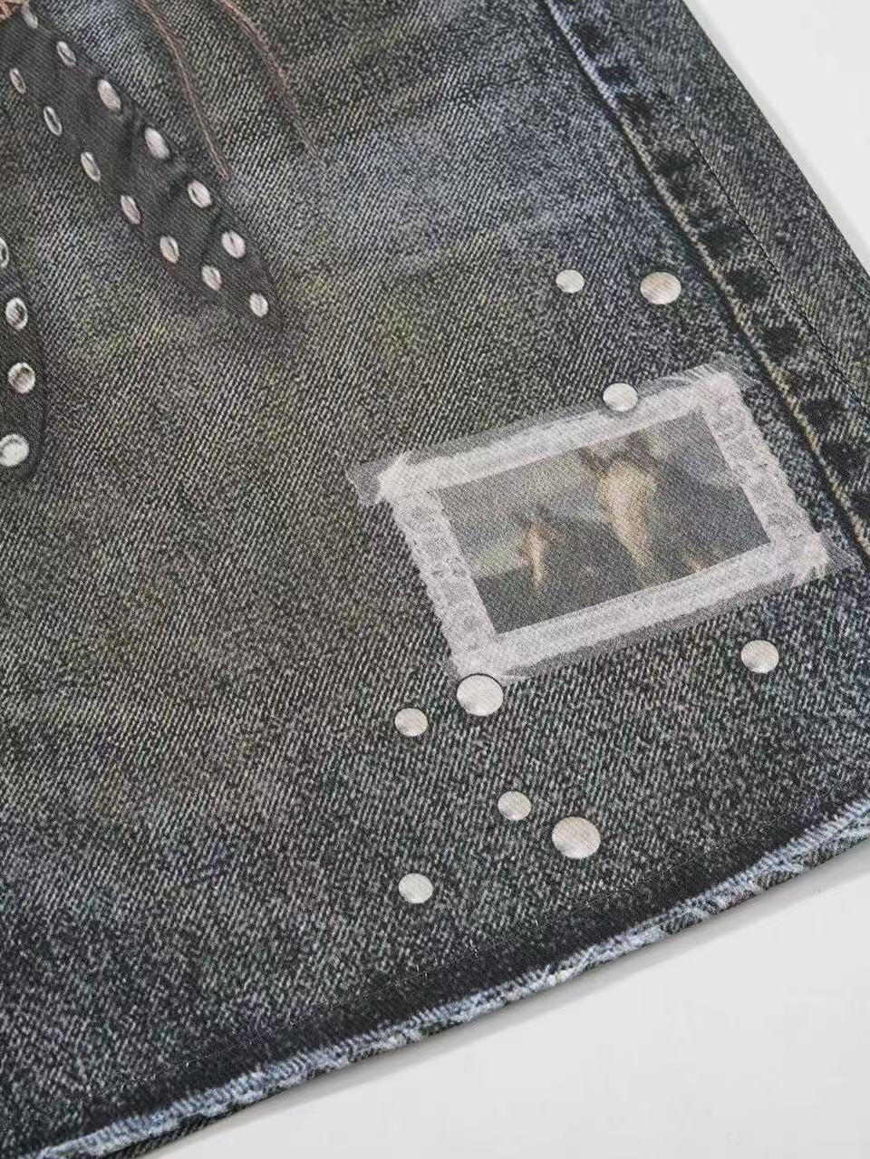 'Star Bloom' Vintage Washed Double Waist Graphic Capri Denim Pants AlielNosirrah
