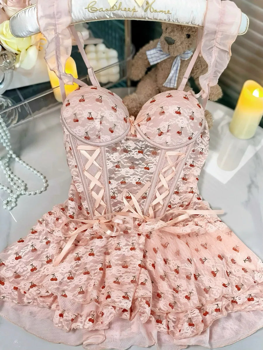 'Cherry Diary' Ruffle Coquette Cherry Ribbon Lingerie Dress AlielNosirrah
