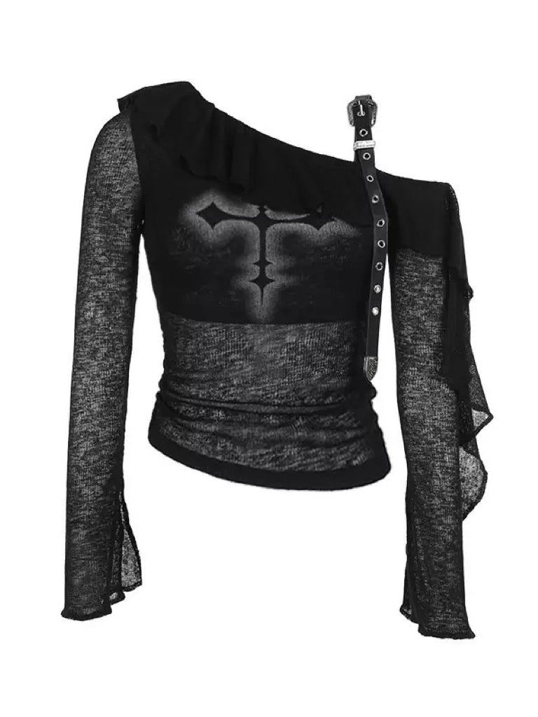 ’Dark Siren' Sheer Black Ruffle Drawstring Off-Shoulder Gothic Style Top AlielNosirrah
