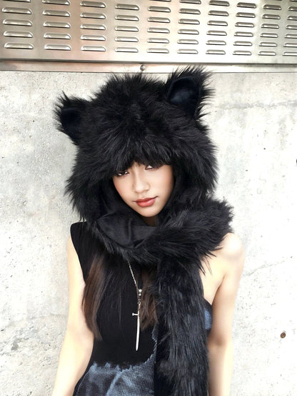 'Black Cat' Y2k Fluffy Cat Hat & Scarf AlielNosirrah