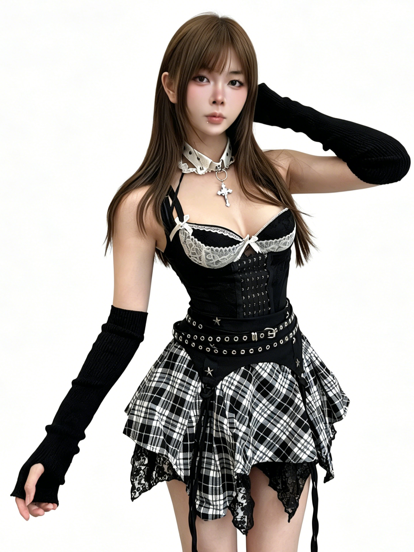 'Shadow Doll' Y2K Lace Cross Corset + Plaid Skirt Set AlielNosirrah