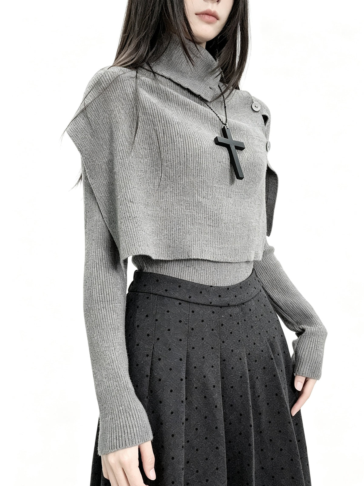 'Mist Cape' Irregular Knit Top Two Piece Set with Cape Shawl