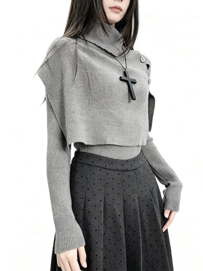 'Mist Cape' Irregular Knit Top Two Piece Set with Cape Shawl