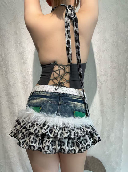 'Leopard Bite' Patchwork Denim Mini Skirt AlielNosirrah