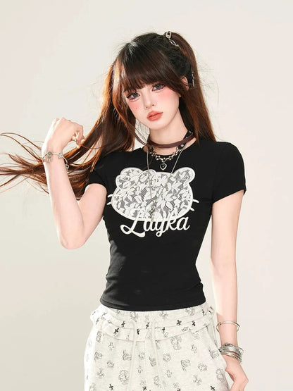 'Layka' Streetstyle Kitty Face Lace Pattern Shirts AlielNosirrah