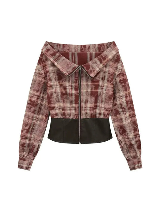 'Ruby Chocolate' Y2k Off-Shoulder Zip Checkerboard Jacket AlielNosirrah