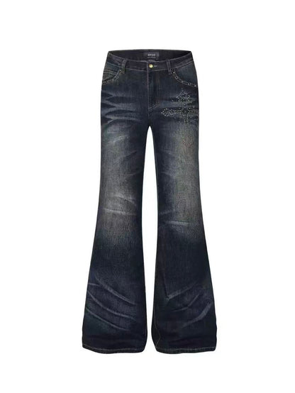 'Old Chapel' Vintage Washed Distressed Cross Rhinestone Flared Jeans AlielNosirrah