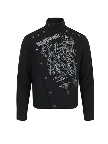 'Clasp Rock' Dark Rock Graphic Print Metal Buckle Cropped Jacket