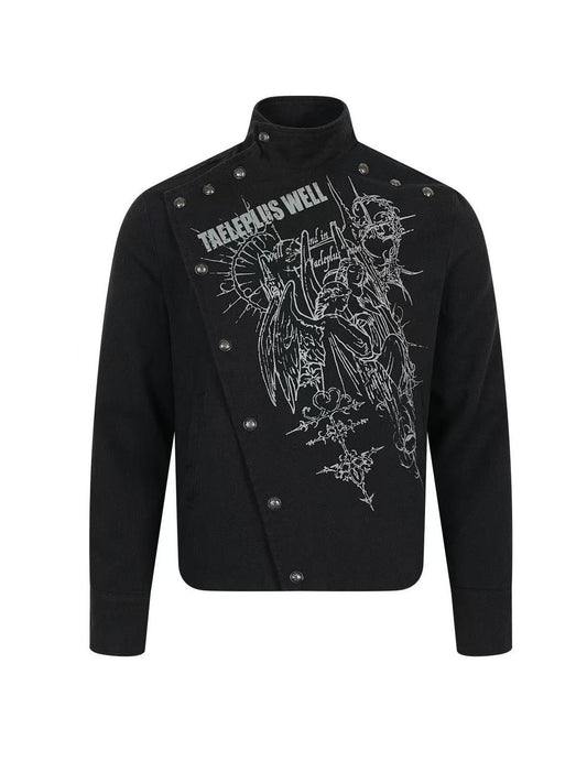 'Clasp Rock' Dark Rock Graphic Print Metal Buckle Cropped Jacket