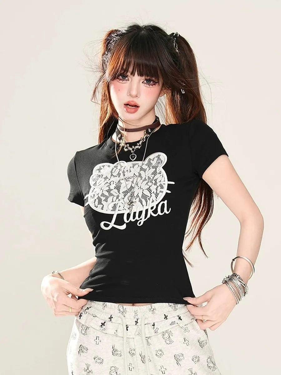 'Layka' Streetstyle Kitty Face Lace Pattern Shirts AlielNosirrah