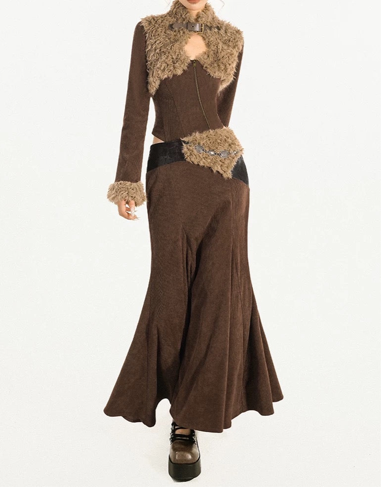 ’Autumn Reverie' Gothic Punk Lace Patchwork Corset Top & Pleated Skirt Set AlielNosirrah