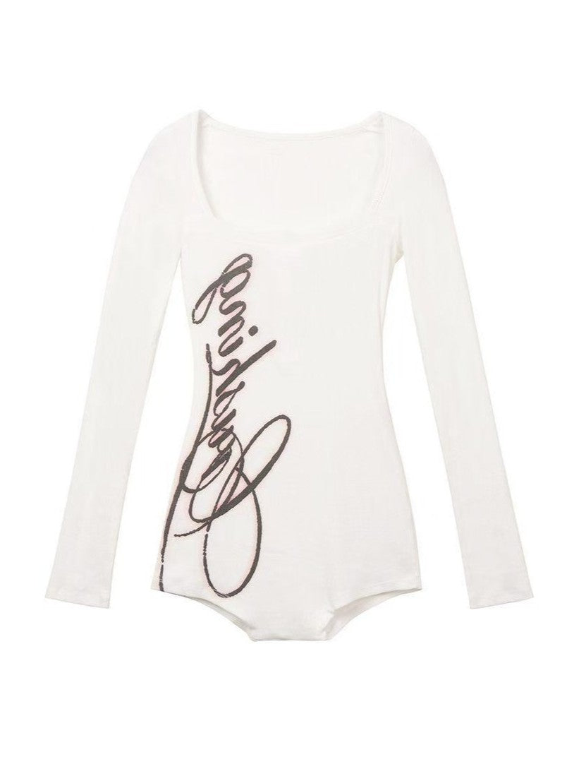 'LetterBabe' Letter Print Square Neck Long Sleeve Fitted Romper Top AlielNosirrah