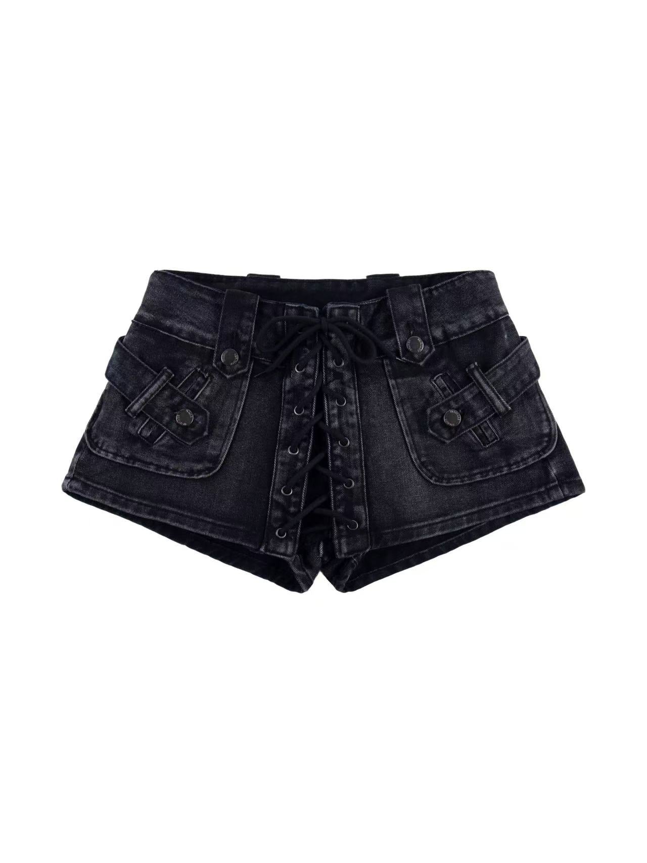 'Street Rogue' Vintage Heavy-Duty Lace-Up Denim Shorts AlielNosirrah