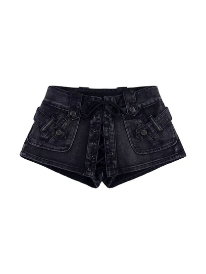 'Street Rogue' Vintage Heavy-Duty Lace-Up Denim Shorts AlielNosirrah