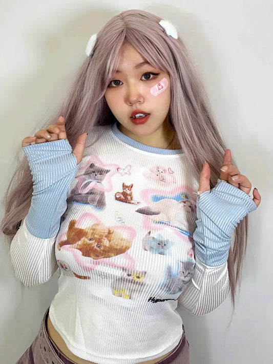 'Pussy Club' Y2k Blue & White Cat Prints Top AlielNosirrah