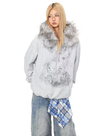 'Lonely Island' Y2K Detachable Furry Hood Printed Half-Zip Hoodie