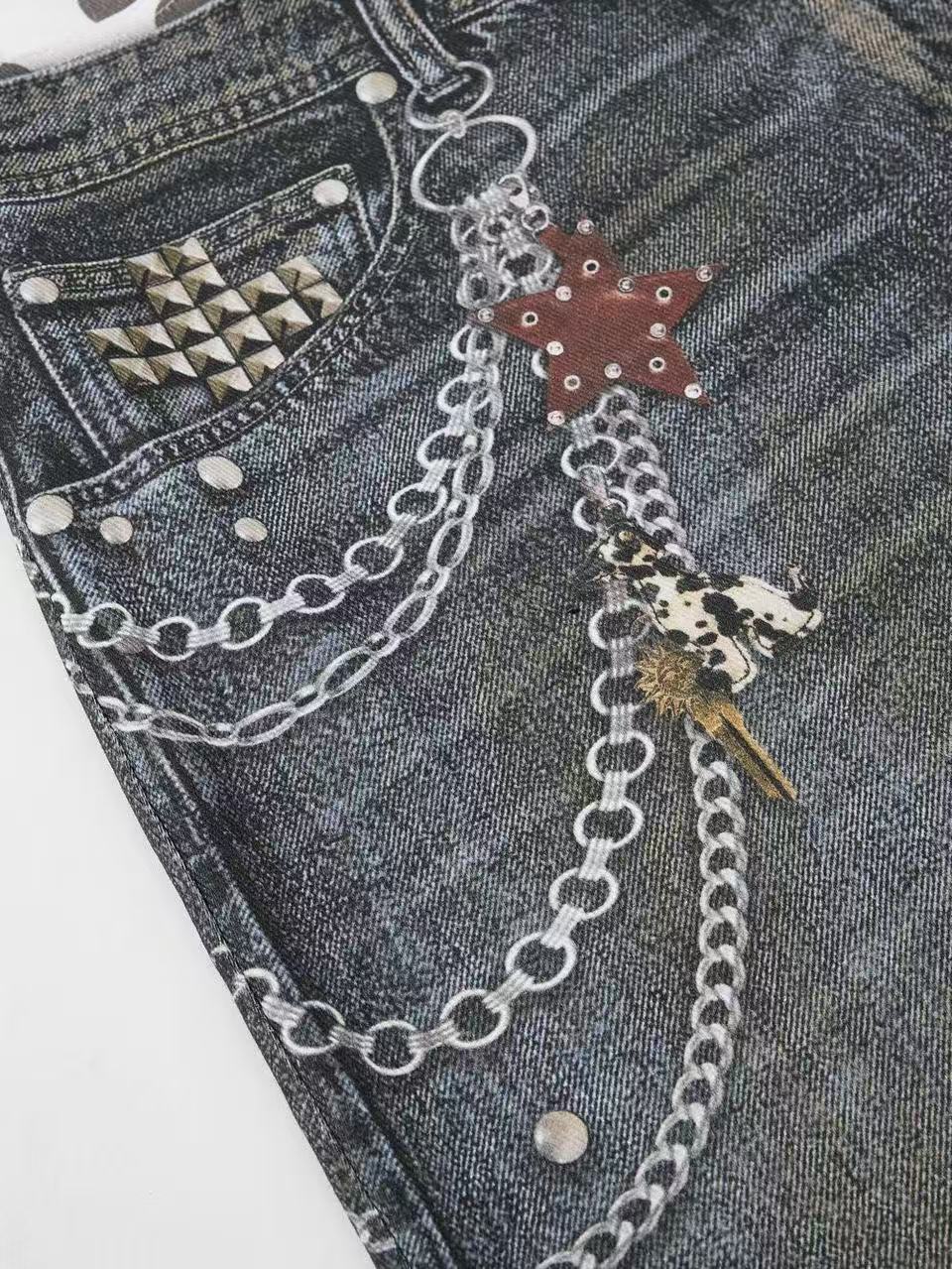 'Star Bloom' Vintage Washed Double Waist Graphic Capri Denim Pants AlielNosirrah