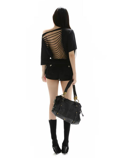 'Black Static' Black Cut-Out Off-Shoulder T-Shirt AlielNosirrah