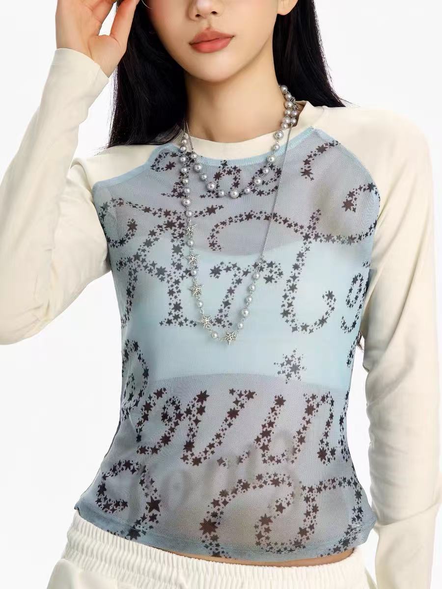 'Dreaming' Vintage Print Mesh Patchwork Long Sleeve Top AlielNosirrah