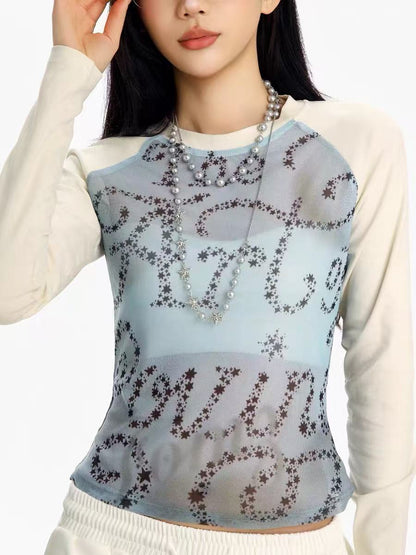 'Dreaming' Vintage Print Mesh Patchwork Long Sleeve Top AlielNosirrah