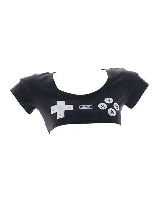 'Gamer Gf' Black Gamer Handheld Pattern Crop Shirts AlielNosirrah