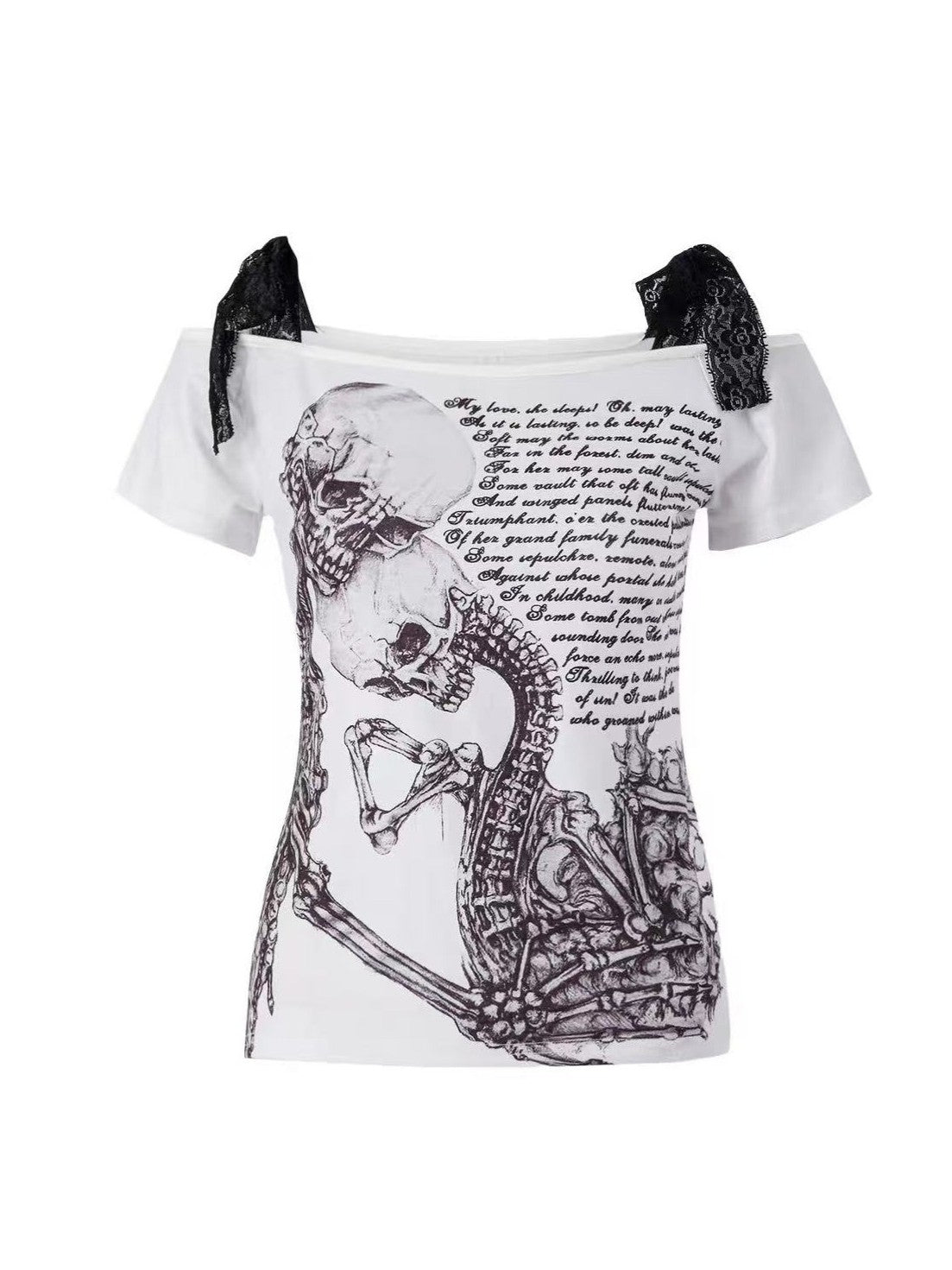 'Millennium Ghost' Y2K Alt Skull Print Lace Tie Short Sleeve T-Shirt