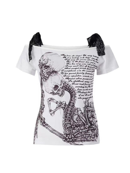 'Millennium Ghost' Y2K Alt Skull Print Lace Tie Short Sleeve T-Shirt