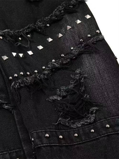 'OldSoul' Vintage Studded Distressed Frayed Flare Jeans