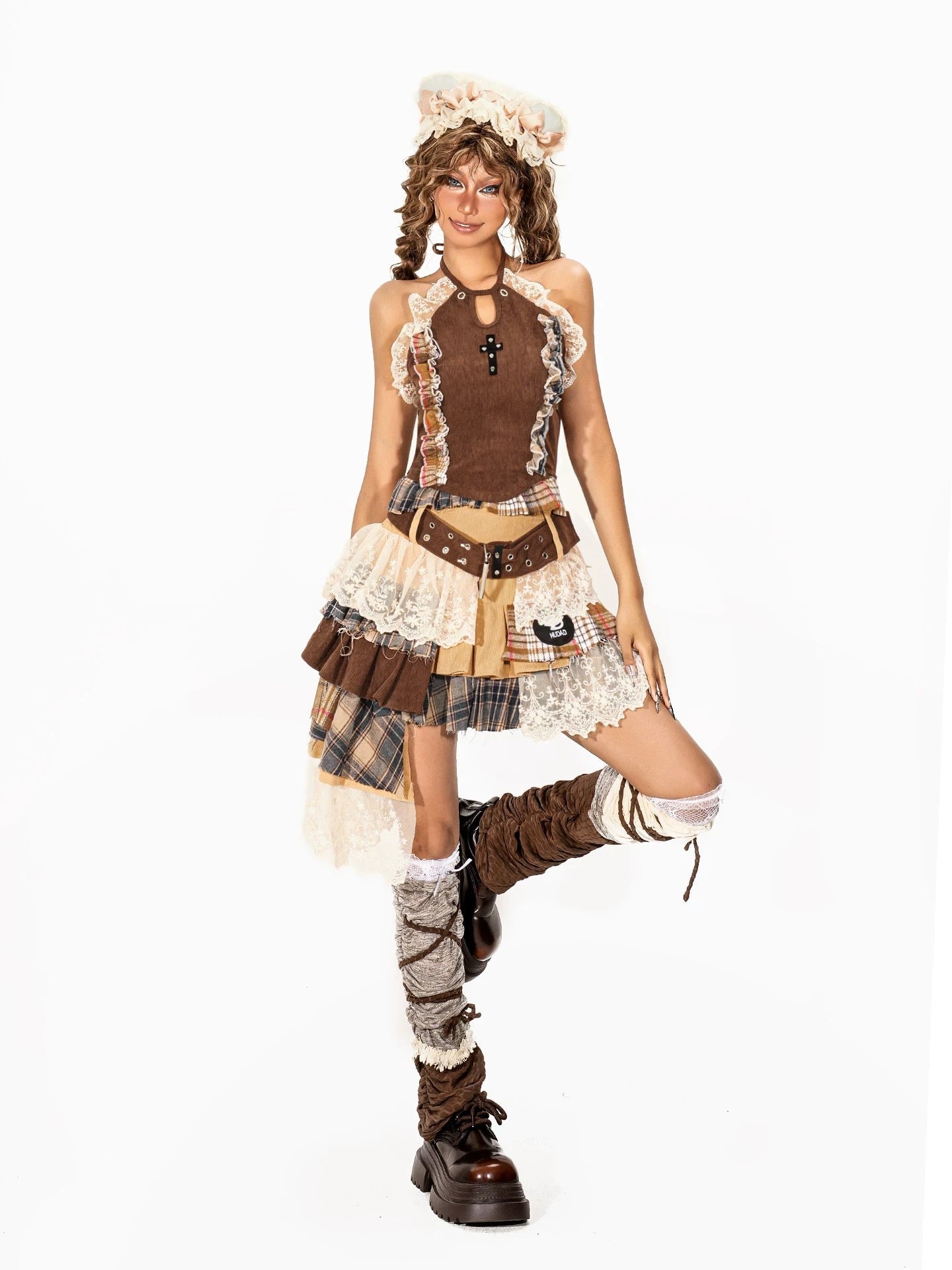 ’Autumn Reverie' Gothic Punk Lace Patchwork Corset Top & Pleated Skirt Set AlielNosirrah