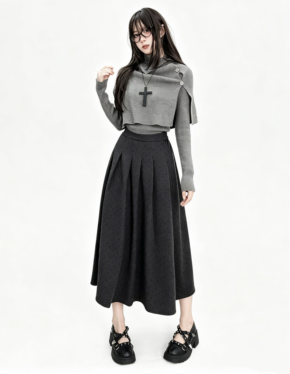 'Mist Cape' Irregular Knit Top Two Piece Set with Cape Shawl